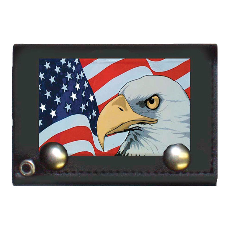 black leather trifold eagle & american flag chain wallet