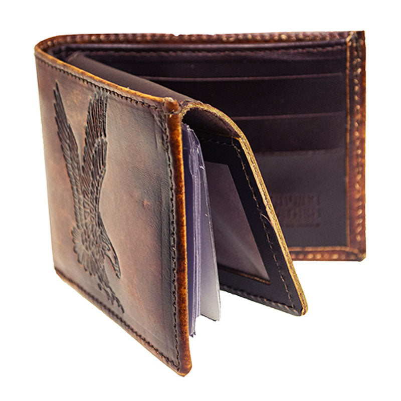 embossed eagle antiqued brown leather bifold wallet