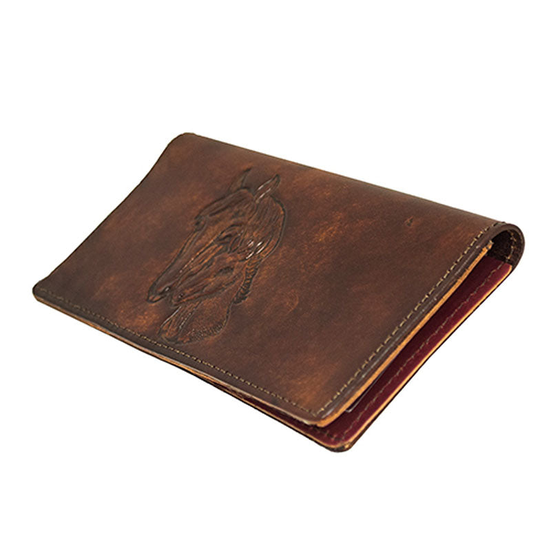 brown horsehead stamped leather checkbook wallet