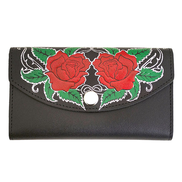 ladies black roses leather organizer wallet