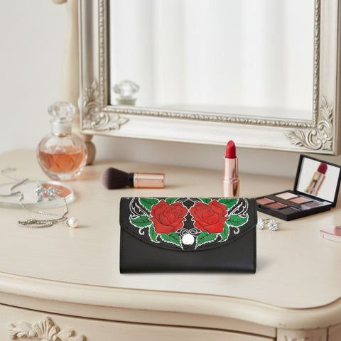Ladies Black Roses Leather Organizer Wallet