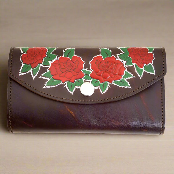 ladies brown roses leather organizer wallet