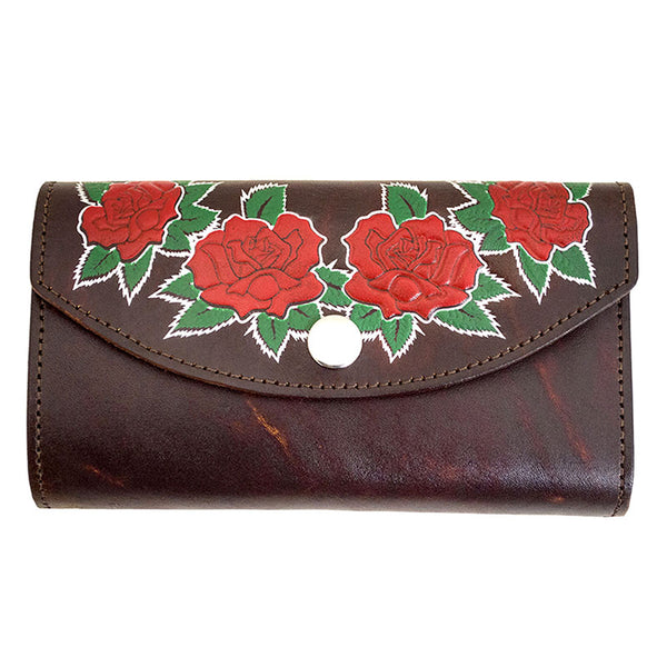 ladies brown roses leather organizer wallet