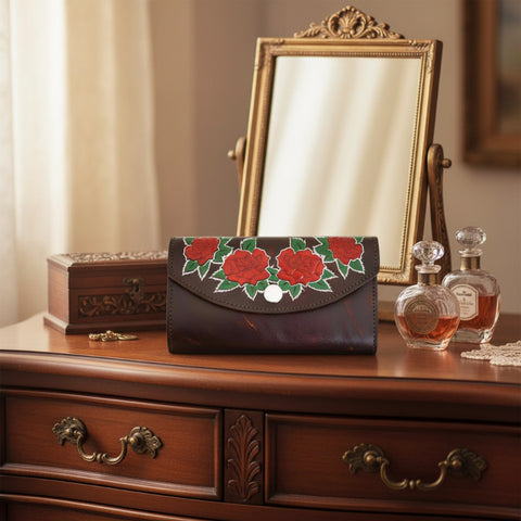 Ladies Brown Roses Leather Organizer Wallet