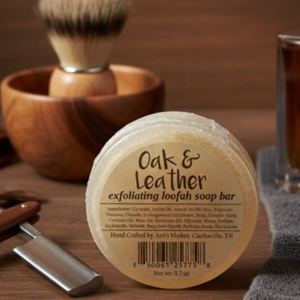 oak and leather exfoliating loofah bar soap