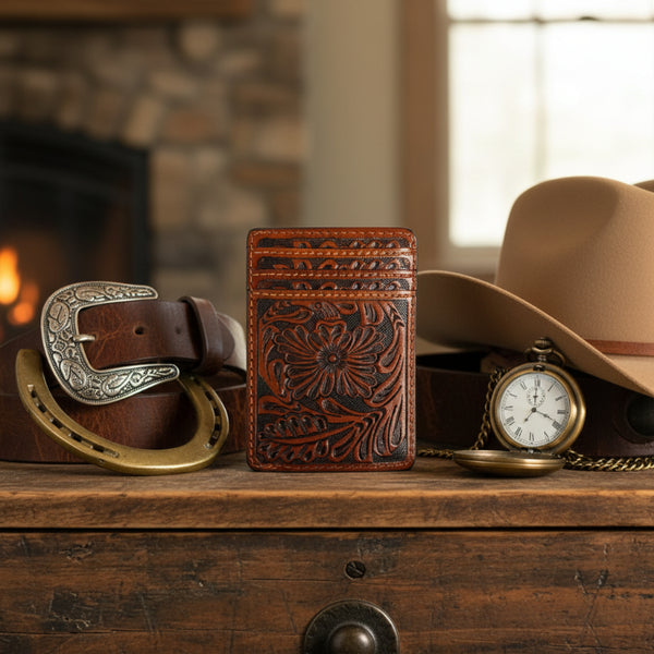 tooled brown leather floral money clip