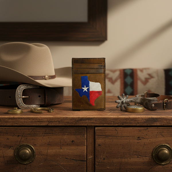 state of texas embroidered leather money clip