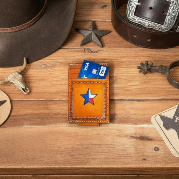 texas star natural leather money clip