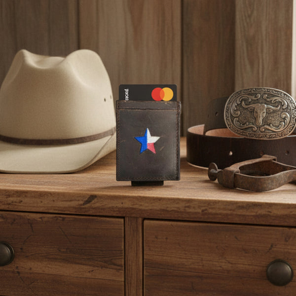 texas star dark brown leather money clip