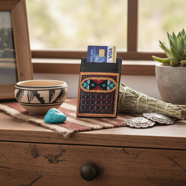 aztec embroidered leather money clip