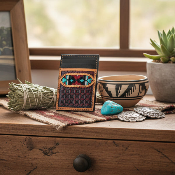 aztec embroidered leather money clip