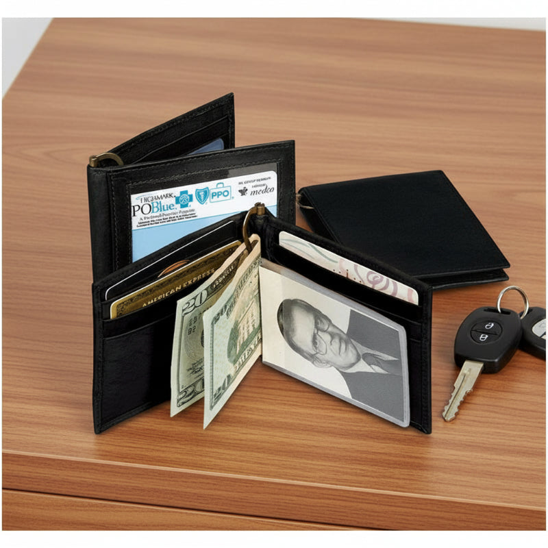 card sleeve with money clip Paul & Taylor Black Leather Money Clip-8 Credit Cards-ID Window-Insert #MIN-2107