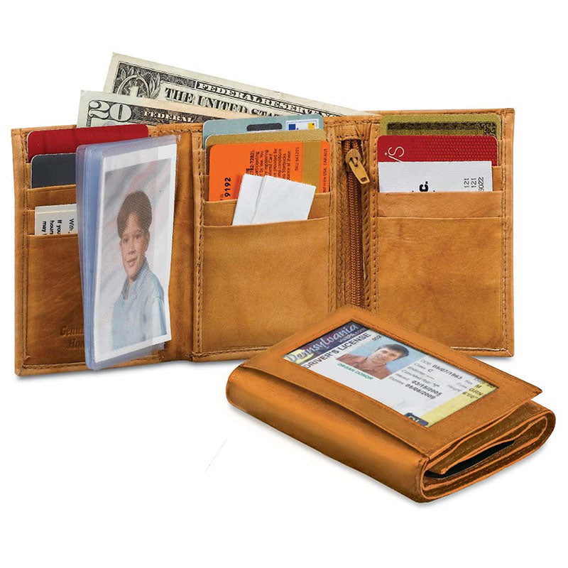 Trifold men's leather wallet with bill clip