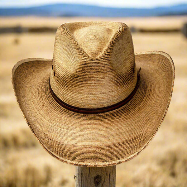 natural palm straw pinch front western hat