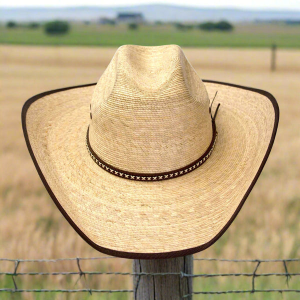 natural palm straw cattleman western hat with brown trim