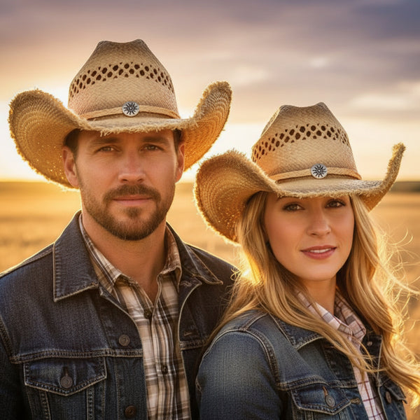 frayed raffia straw western pinch front cowboy hat
