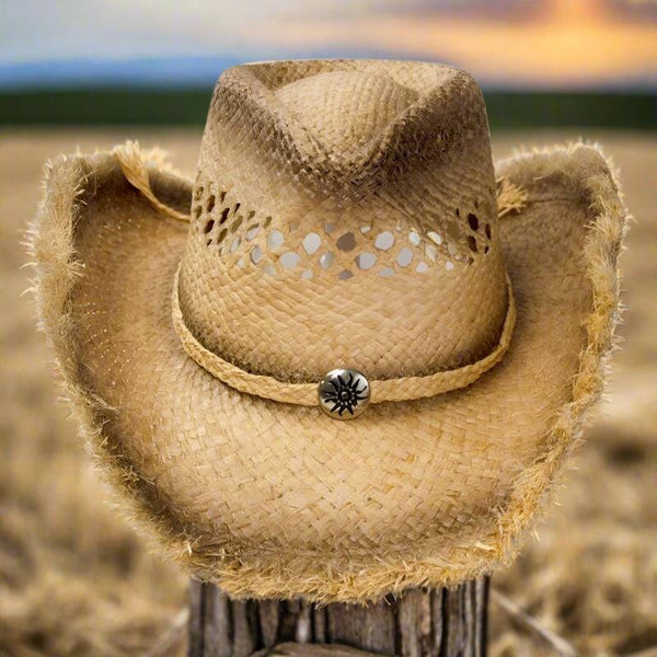 frayed raffia straw western pinch front cowboy hat