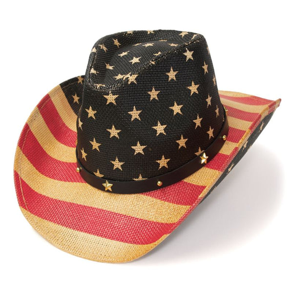 antiqued red white and blue americana flag straw hat