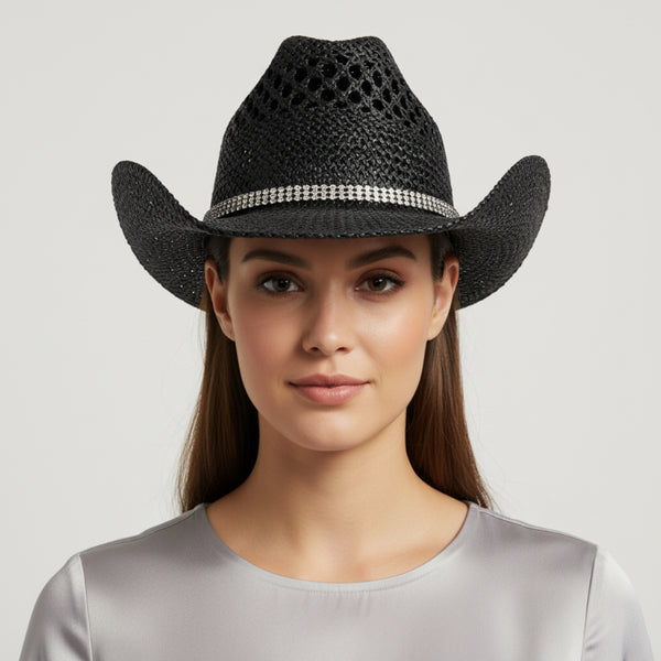 black twisted straw pinch front rhinestone western hat