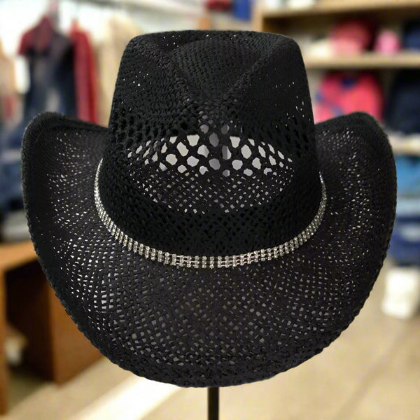 black twisted straw pinch front rhinestone western hat