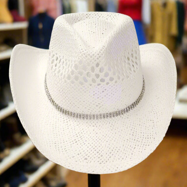 white twisted straw pinch front rhinestone western hat