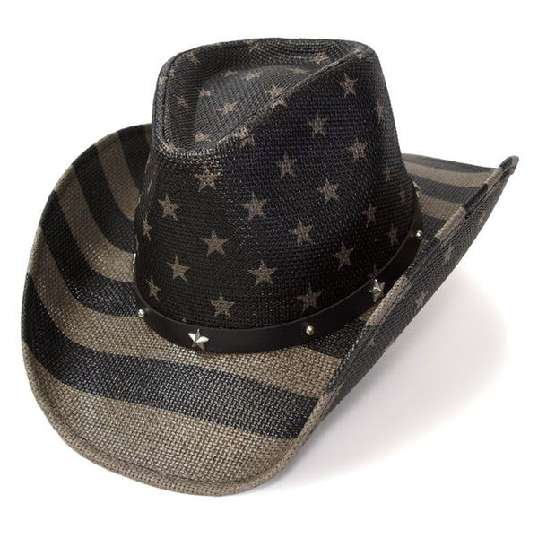 black and gray americana flag straw hat