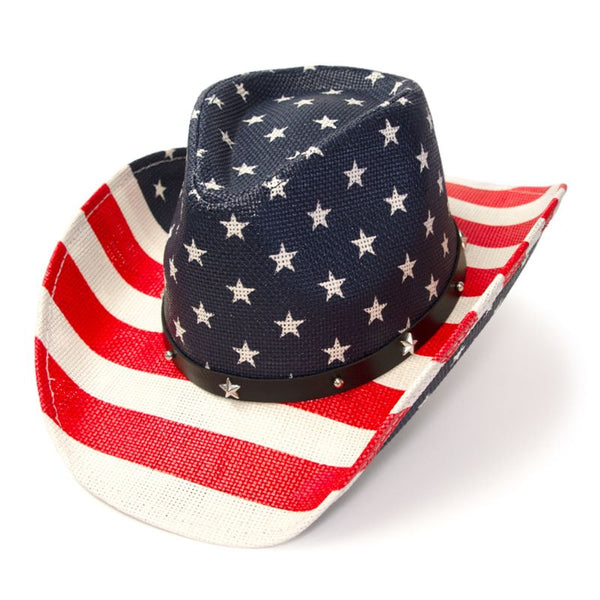 red white and blue americana flag straw hat