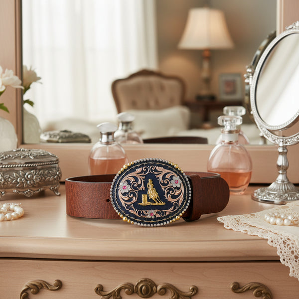 ladies oval floral barrel racer belt buckle