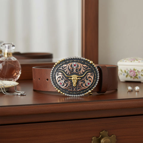 Texas Steer Gold & Silver Floral Belt Buckle