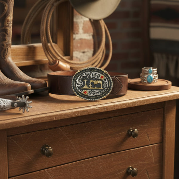 the praying cowboy gold and silver floral belt buckle
