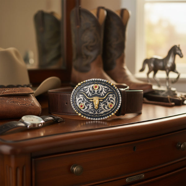 texas longhorn oval gold and silver floral belt buckle