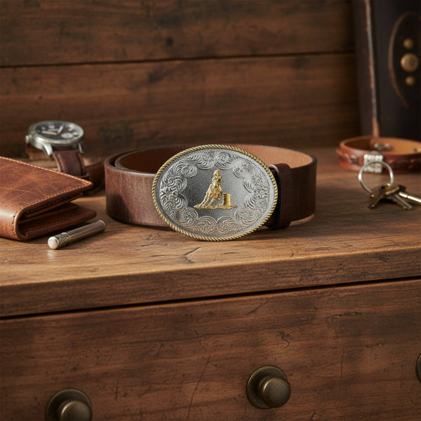 silver and gold ladies oval barrel racer belt buckle