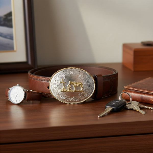 silver and gold the praying cowboy oval belt buckle