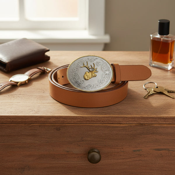 silver and gold oval elk belt buckle