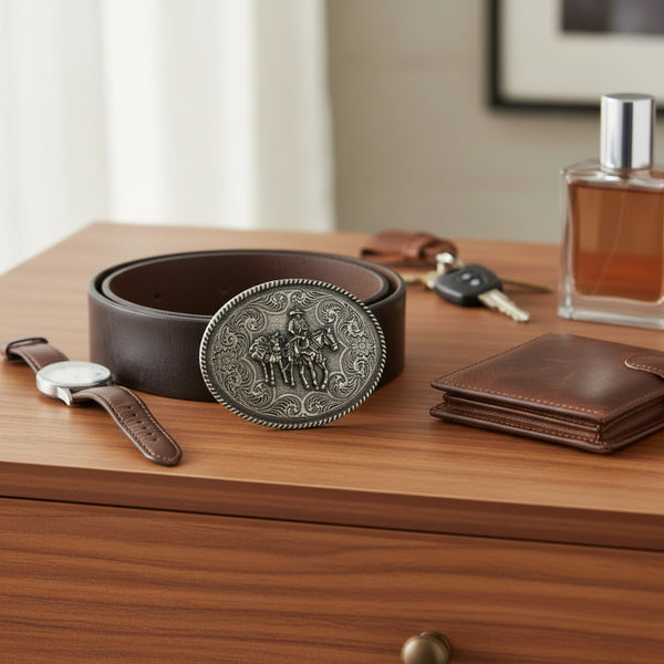 silver cowboy and mule train oval belt buckle