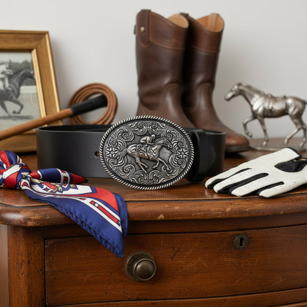 silver racing horse and jockey oval belt buckle