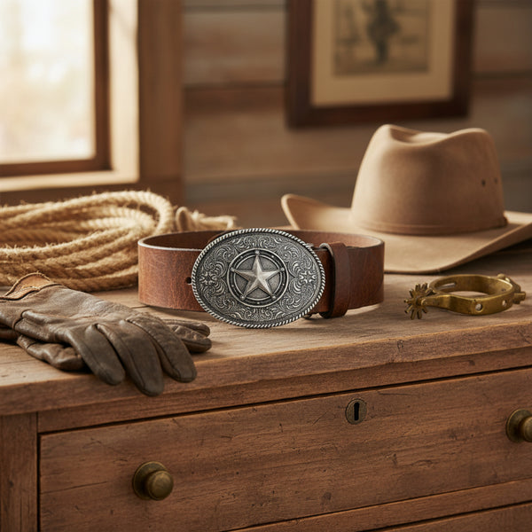 silver texas star oval belt buckle