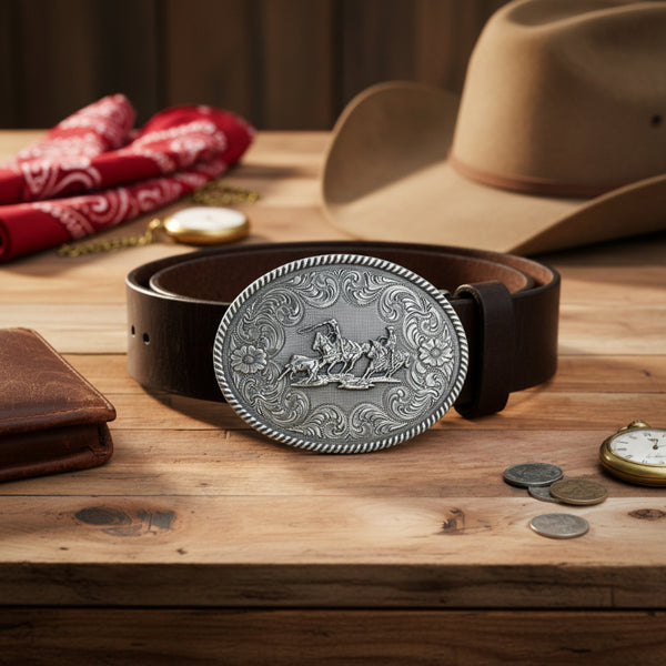 silver round up cowboy oval belt buckle