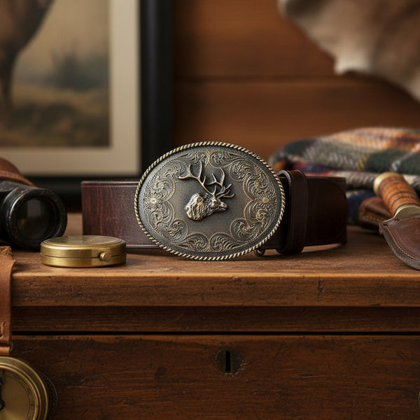 bronze elk oval belt buckle