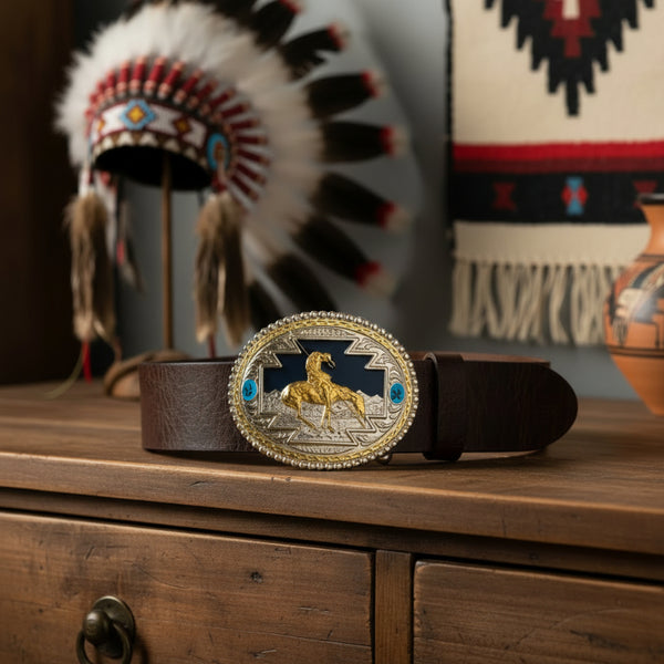 end of the trail oval gold and silver belt buckle