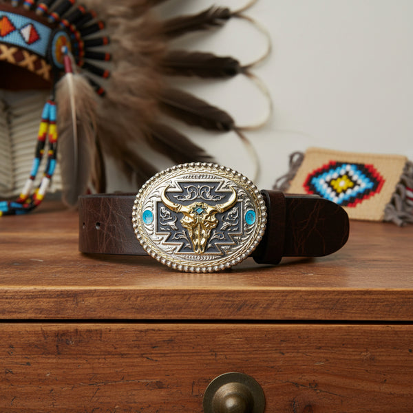 silver and gold buffalo skull oval belt buckle