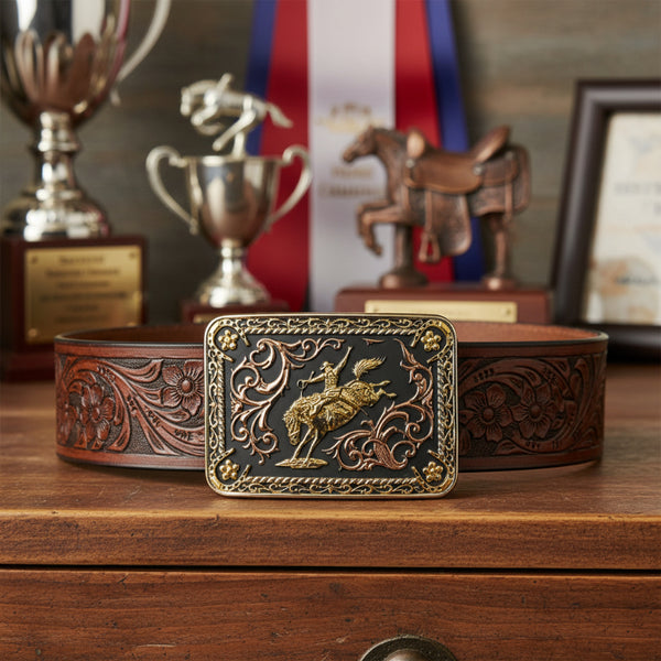 bucking bronco tri-color rectangle belt buckle