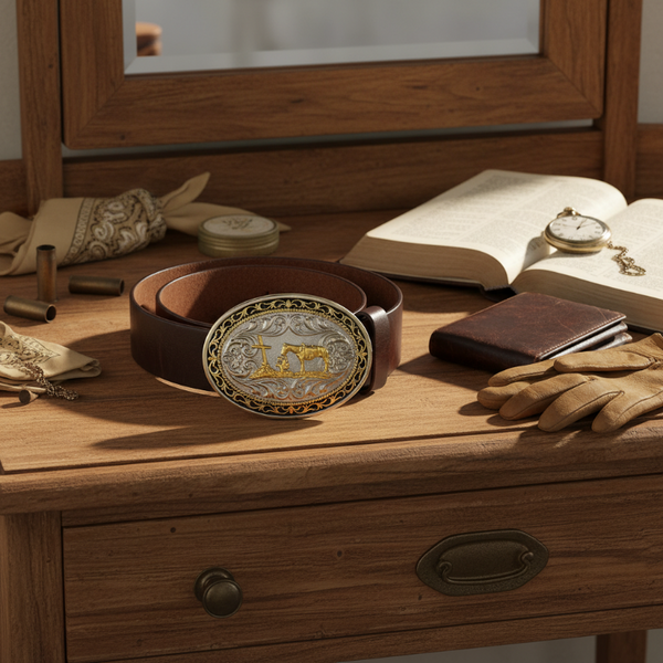 the praying cowboy gold and silver oval belt buckle