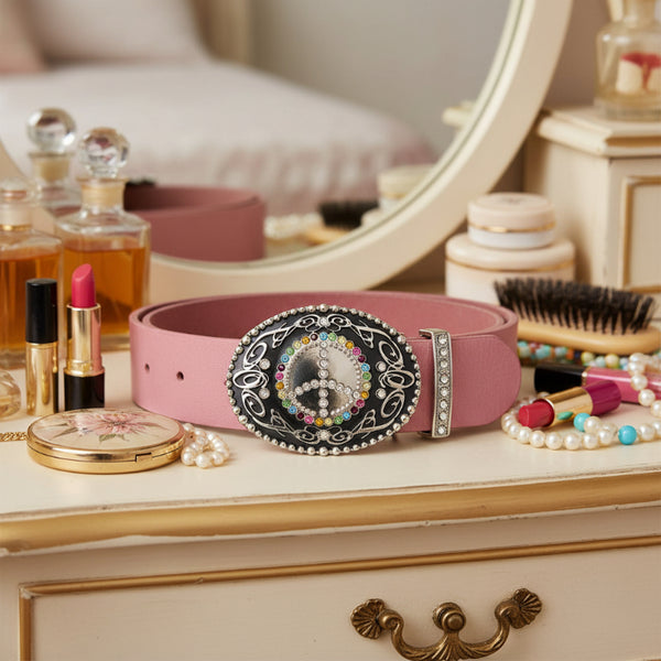 peace sign rhinestone oval belt buckle