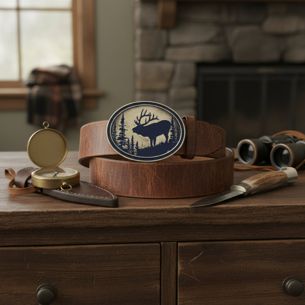 bugling elk bronze oval belt buckle