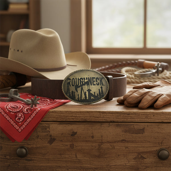roughneck texas oil oval bronze belt buckle
