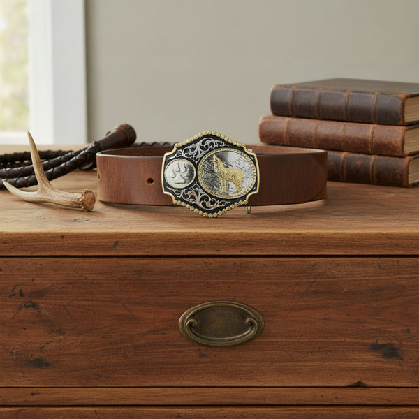 howling wolf gold and silver medallion belt buckle