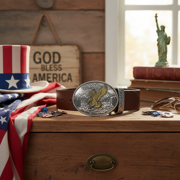 silver and gold bald eagle oval belt buckle