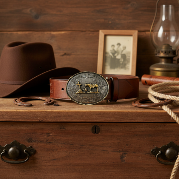 the praying cowboy oval gold and silver belt buckle
