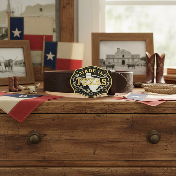 made in texas silver and gold belt buckle